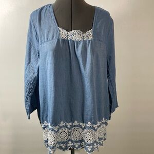 St John’s Bay Top Women Size XL Blue w Embroidery 100% Cotton Long Sleeve